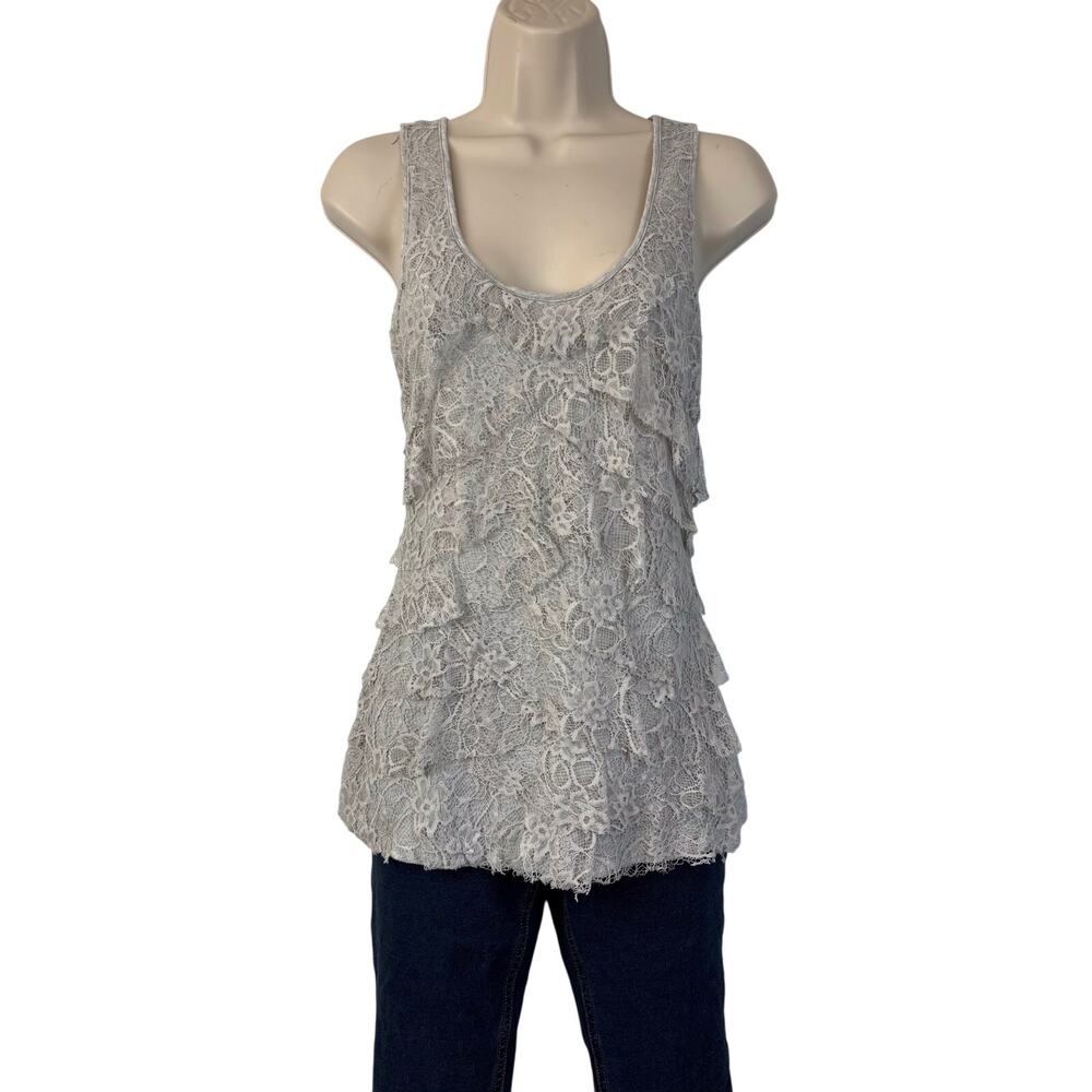 Express Gray Lace Embellished Front Tank Top Scoop Neck Infused MetallicThread